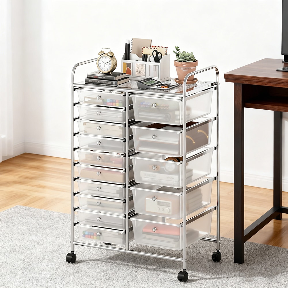 Rolling Storage Cart 15-Drawer Trolley With Chrome Plated Metal Frame_voghion.com